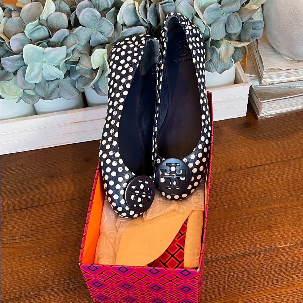 Tory Burch Minnie Travel Ballet with logo Napa leather Polka Dot Flats